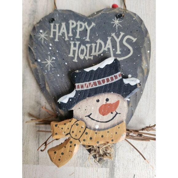 Happy holidays snowman face rustic heart mini Xmas home decor - Picture 2 of 4